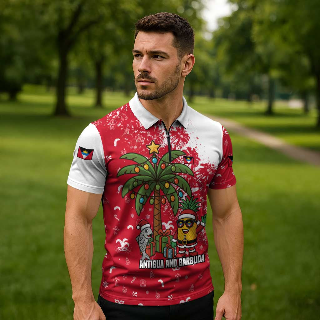 Antigua and Barbuda Christmas Zipper Polo Shirt with Santa Pineapple Palm Tree Parrot and Gift Design - Wonder Print Shop