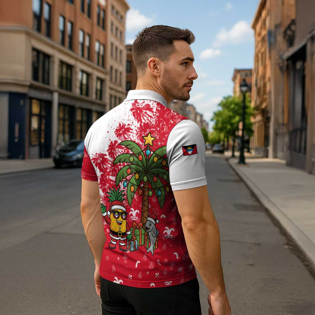 Antigua and Barbuda Christmas Zipper Polo Shirt with Santa Pineapple Palm Tree Parrot and Gift Design - Wonder Print Shop
