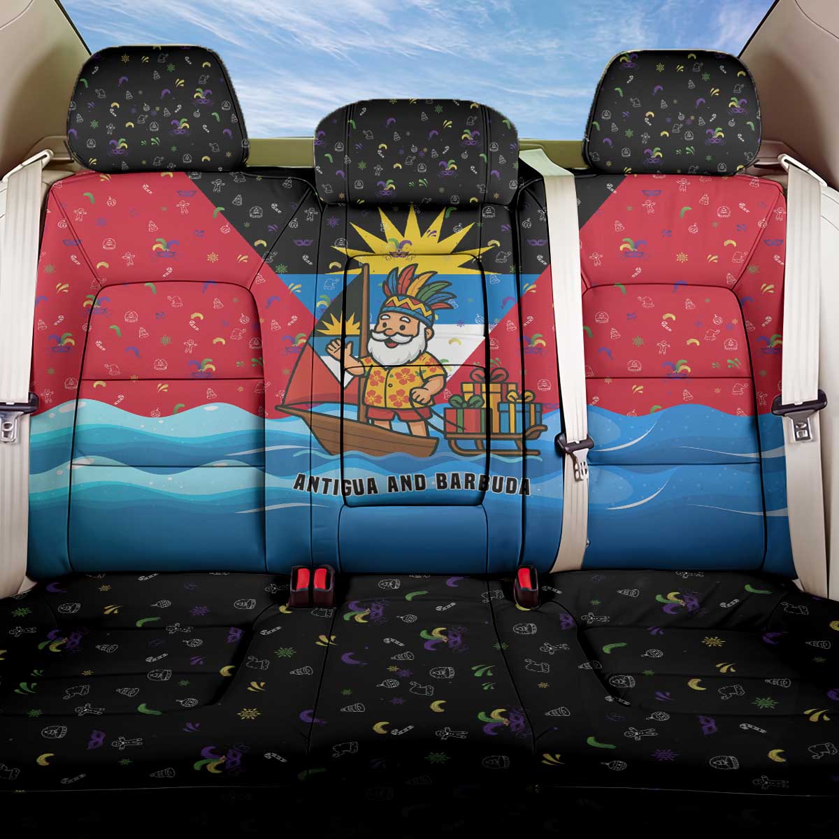 Antigua and Barbuda Christmas Back Car Seat Cover with Santa Sailboat Island Flag and Tropical Gift Design - Wonder Print Shop