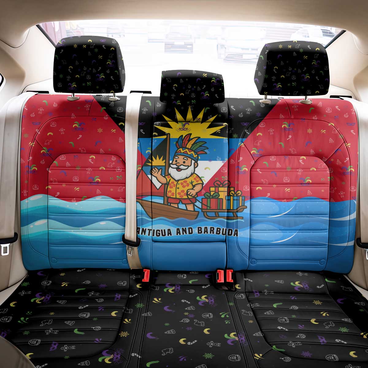 Antigua and Barbuda Christmas Back Car Seat Cover with Santa Sailboat Island Flag and Tropical Gift Design - Wonder Print Shop