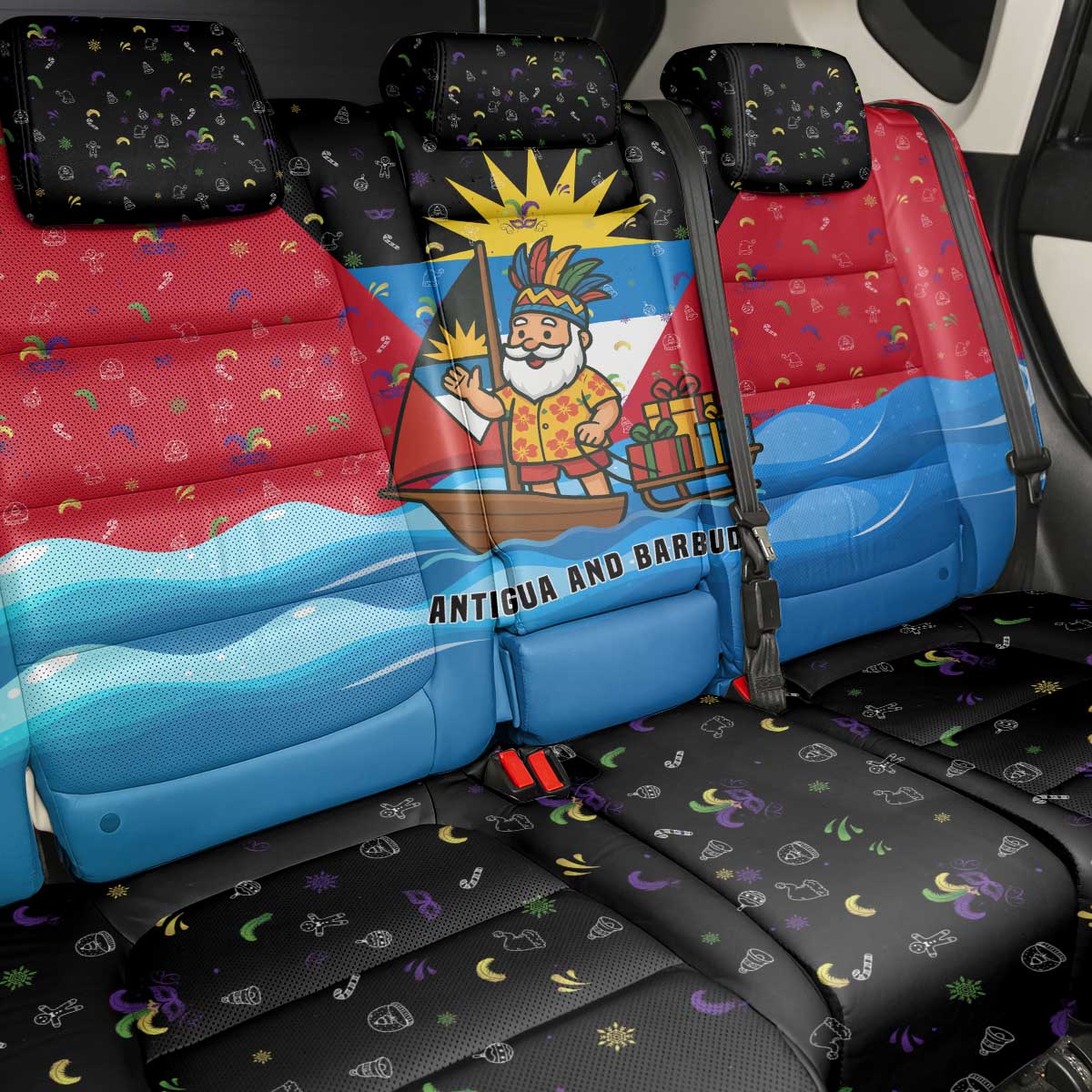 Antigua and Barbuda Christmas Back Car Seat Cover with Santa Sailboat Island Flag and Tropical Gift Design - Wonder Print Shop