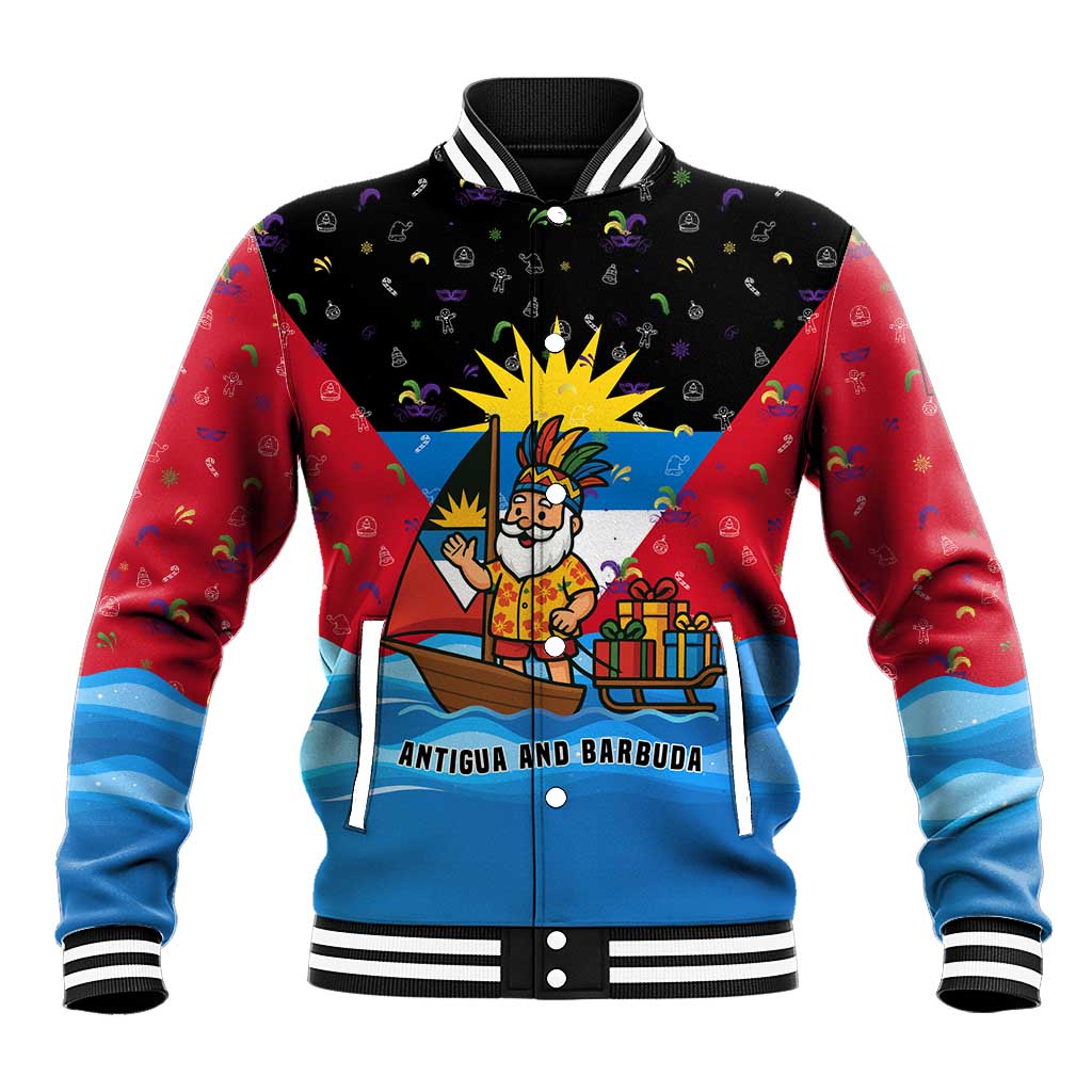Antigua and Barbuda Christmas Baseball Jacket with Santa Sailboat Island Flag and Tropical Gift Design - Wonder Print Shop