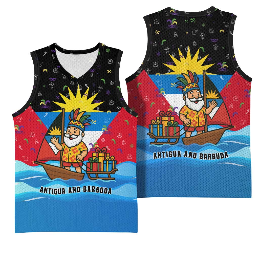 Antigua and Barbuda Christmas Basketball Jersey with Santa Sailboat Island Flag and Tropical Gift Design - Wonder Print Shop