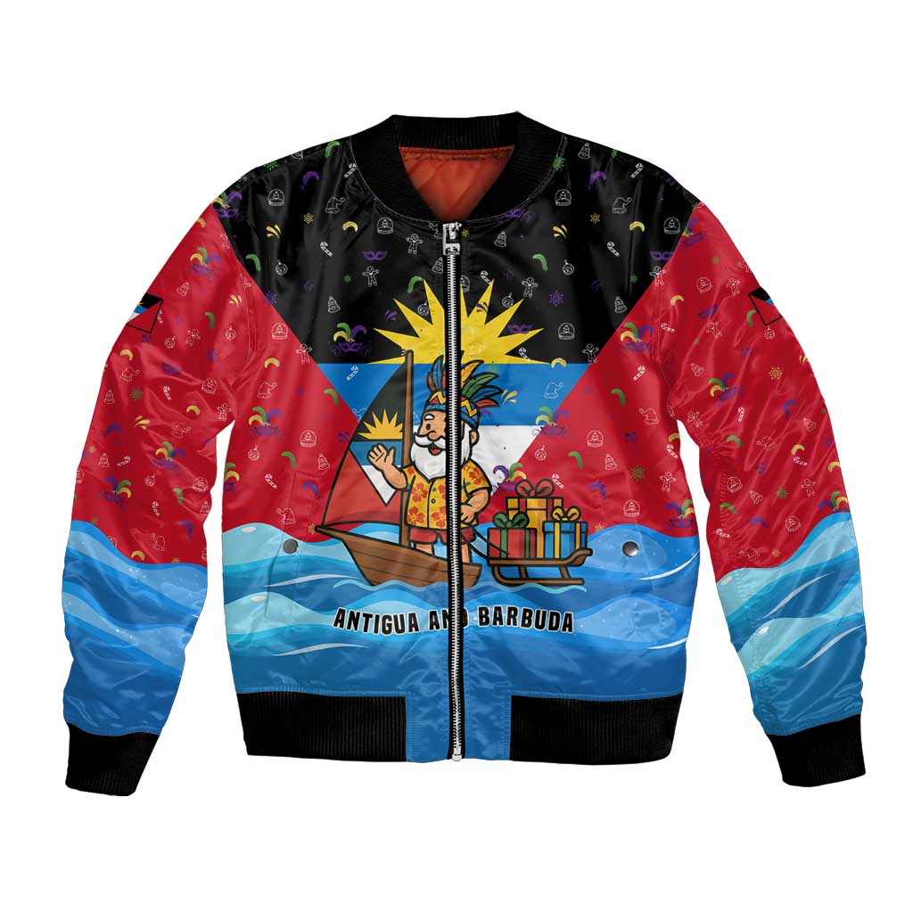 Antigua and Barbuda Christmas Bomber Jacket with Santa Sailboat Island Flag and Tropical Gift Design - Wonder Print Shop