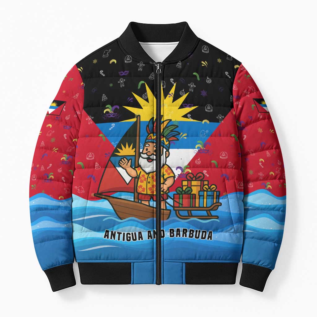 Antigua and Barbuda Christmas Bomber Puffer Jacket with Santa Sailboat Island Flag and Tropical Gift Design - Wonder Print Shop
