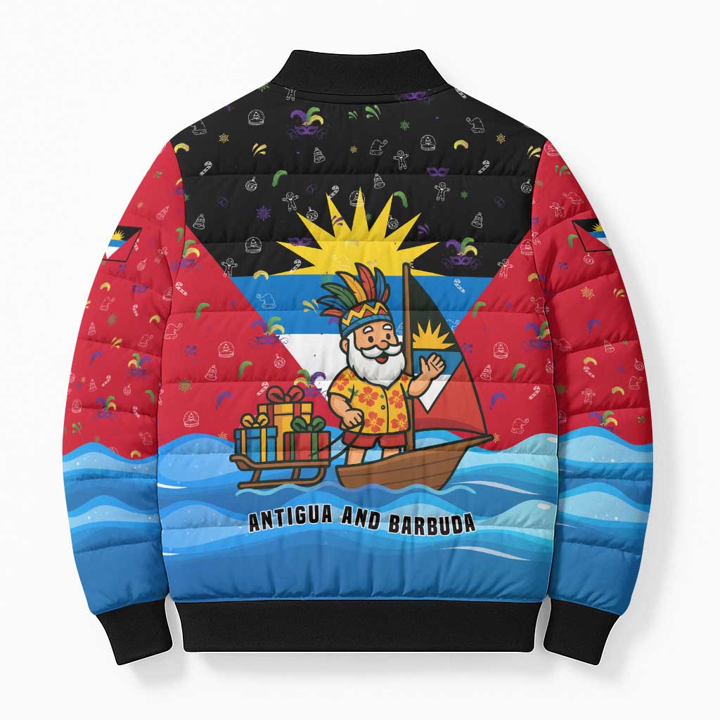 Antigua and Barbuda Christmas Bomber Puffer Jacket with Santa Sailboat Island Flag and Tropical Gift Design - Wonder Print Shop
