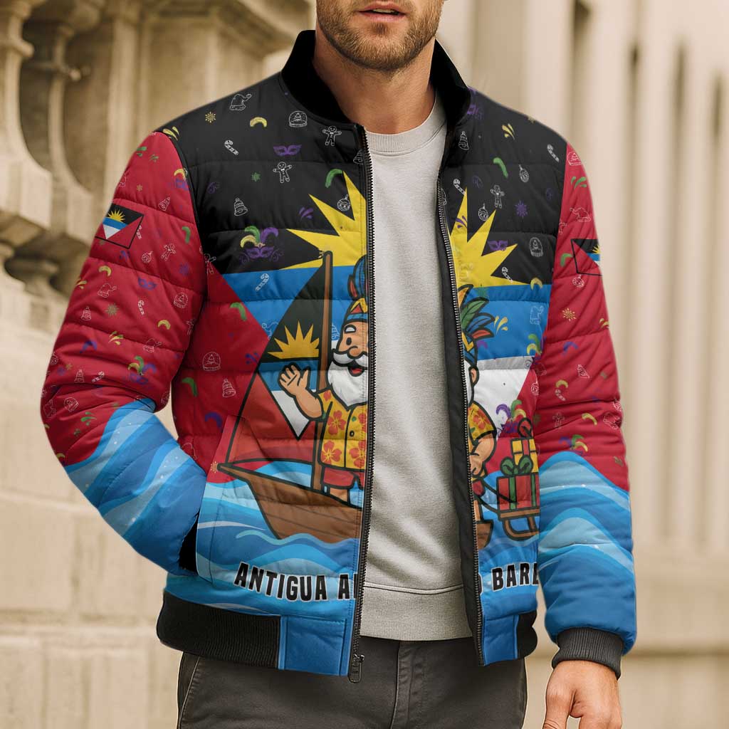 Antigua and Barbuda Christmas Bomber Puffer Jacket with Santa Sailboat Island Flag and Tropical Gift Design - Wonder Print Shop