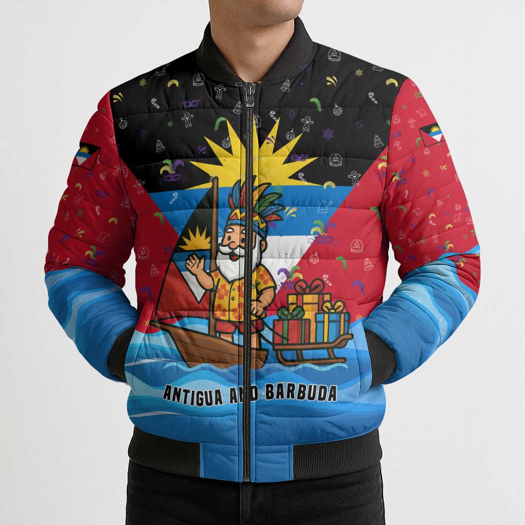 Antigua and Barbuda Christmas Bomber Puffer Jacket with Santa Sailboat Island Flag and Tropical Gift Design - Wonder Print Shop