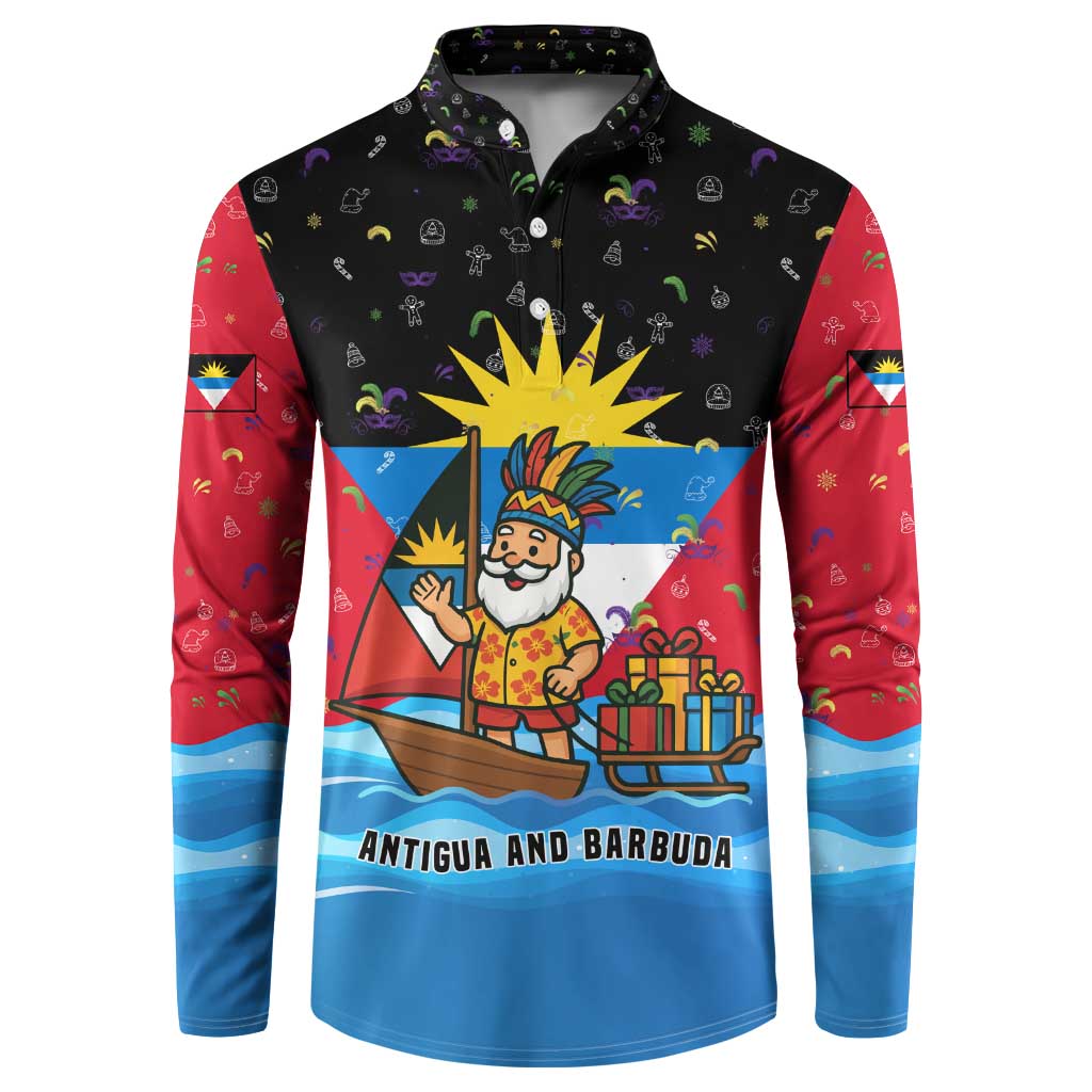 Antigua and Barbuda Christmas Button Sweatshirt with Santa Sailboat Island Flag and Tropical Gift Design - Wonder Print Shop