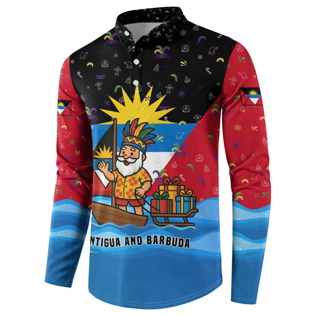 Antigua and Barbuda Christmas Button Sweatshirt with Santa Sailboat Island Flag and Tropical Gift Design - Wonder Print Shop