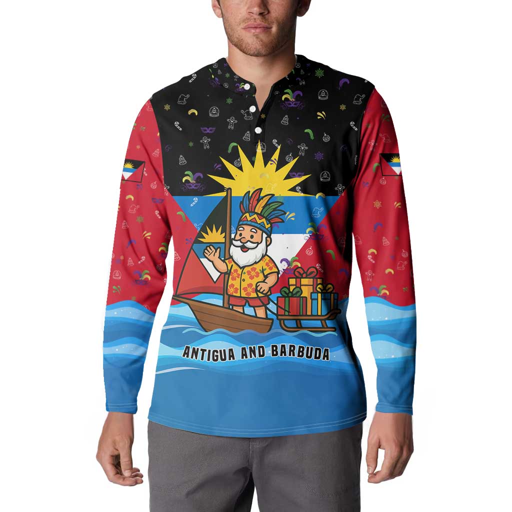 Antigua and Barbuda Christmas Button Sweatshirt with Santa Sailboat Island Flag and Tropical Gift Design - Wonder Print Shop