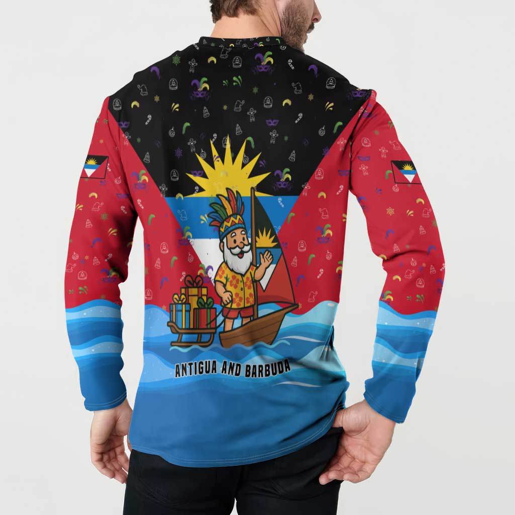 Antigua and Barbuda Christmas Button Sweatshirt with Santa Sailboat Island Flag and Tropical Gift Design - Wonder Print Shop