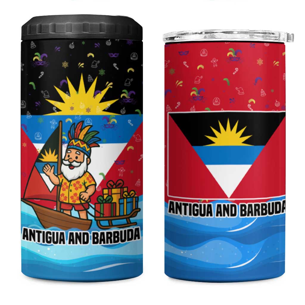 Antigua and Barbuda Christmas 4 in 1 Can Cooler Tumbler with Santa Sailboat Island Flag and Tropical Gift Design - Wonder Print Shop