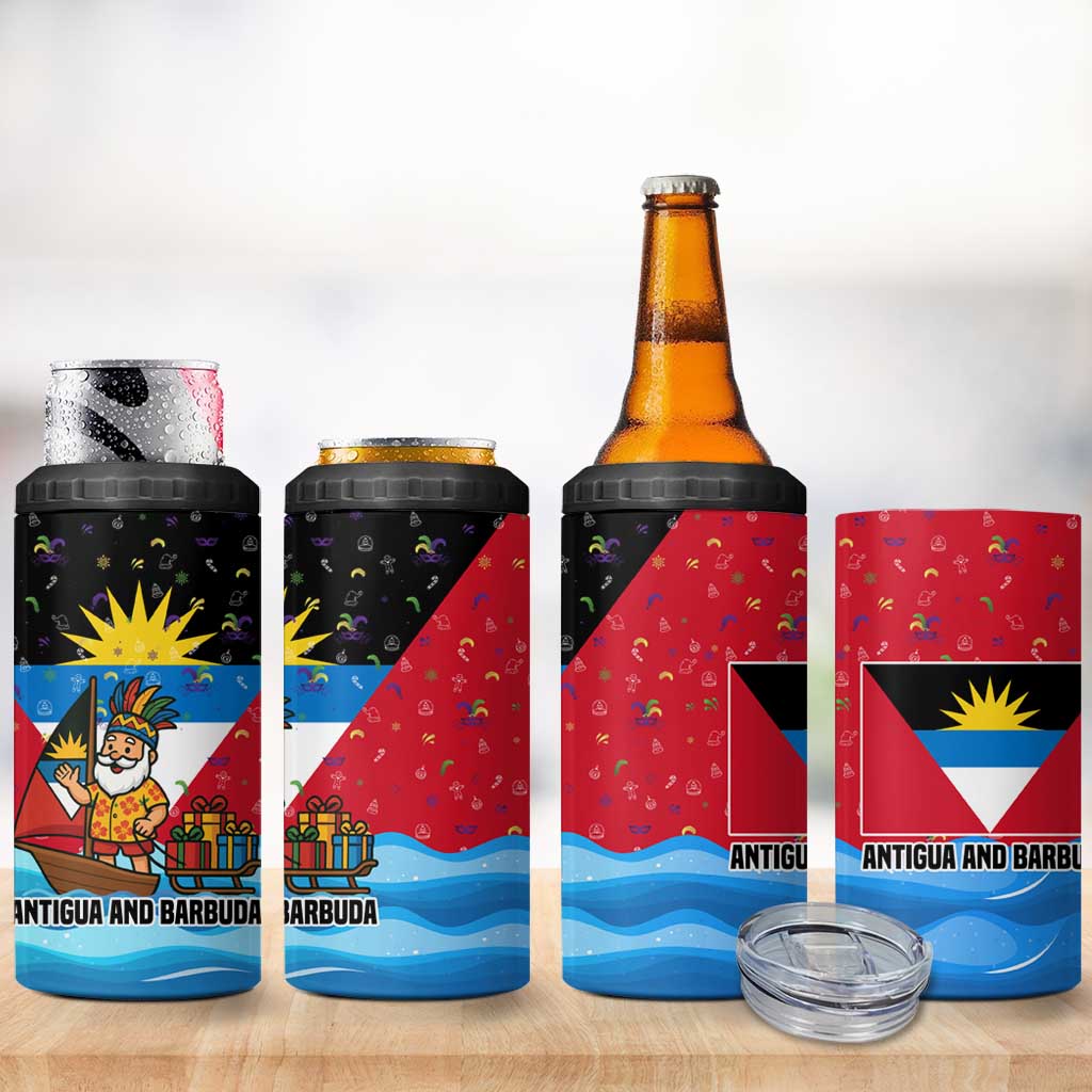 Antigua and Barbuda Christmas 4 in 1 Can Cooler Tumbler with Santa Sailboat Island Flag and Tropical Gift Design - Wonder Print Shop