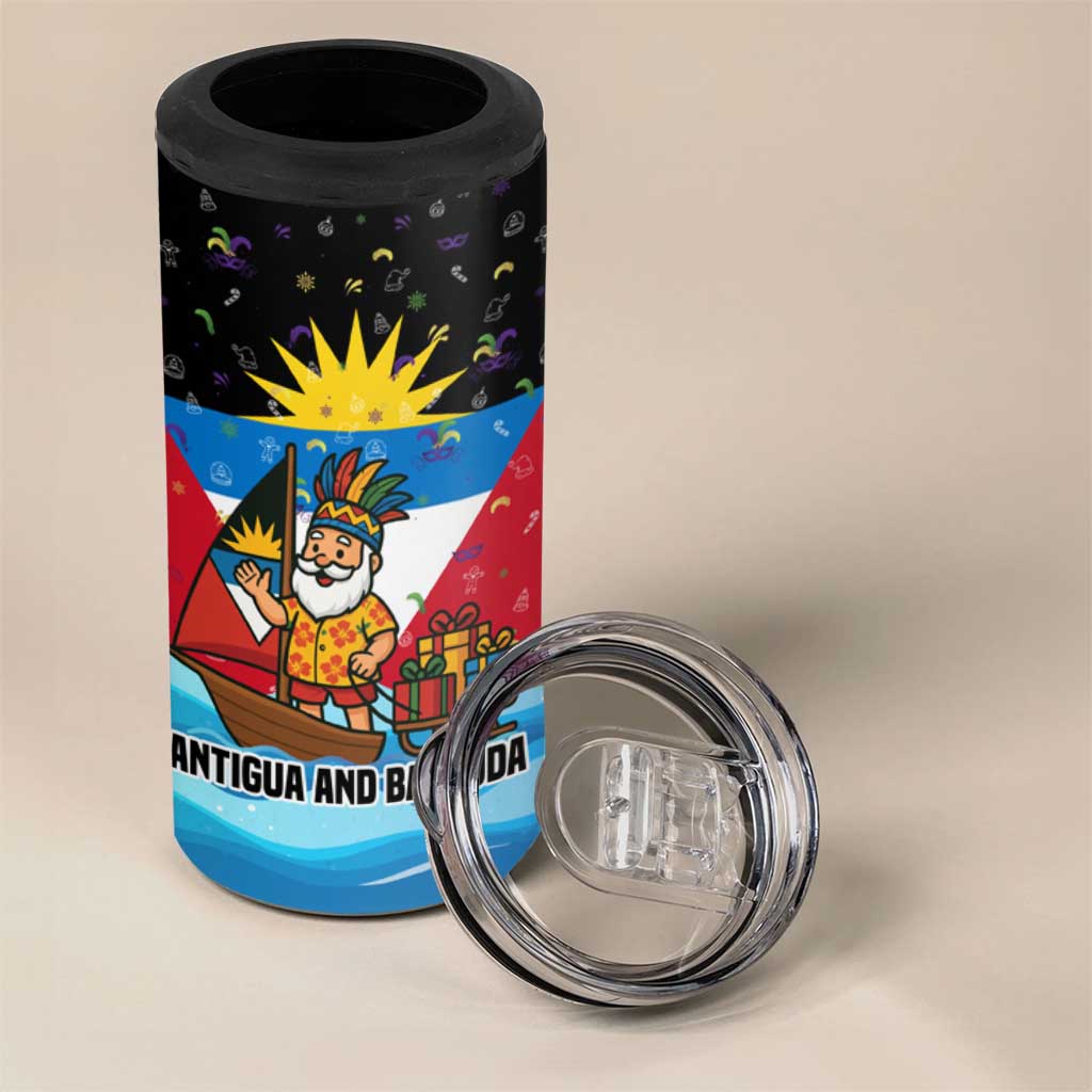Antigua and Barbuda Christmas 4 in 1 Can Cooler Tumbler with Santa Sailboat Island Flag and Tropical Gift Design - Wonder Print Shop