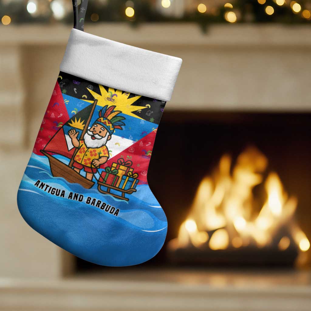 Antigua and Barbuda Christmas Stocking with Santa Sailboat Island Flag and Tropical Gift Design - Wonder Print Shop