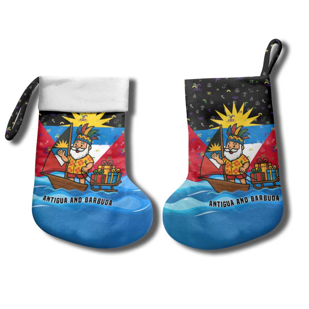 Antigua and Barbuda Christmas Stocking with Santa Sailboat Island Flag and Tropical Gift Design - Wonder Print Shop