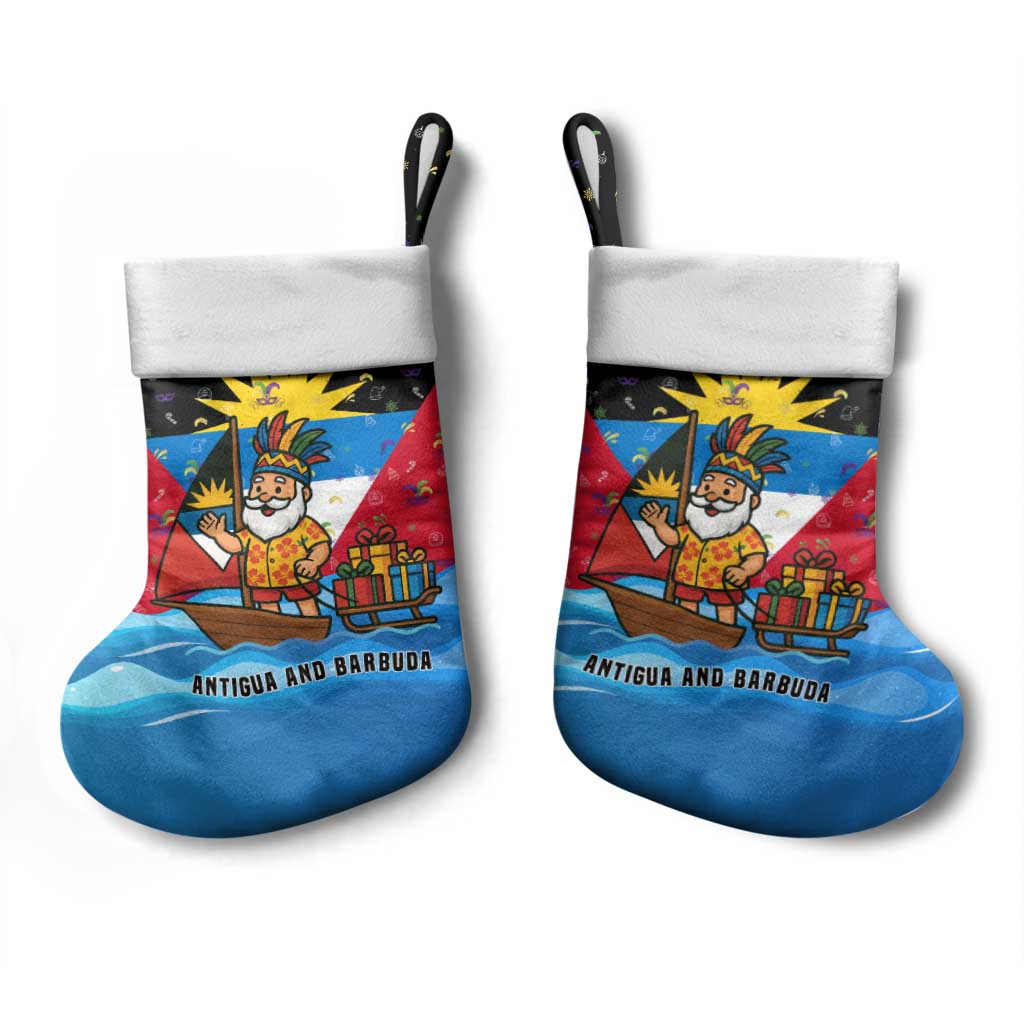 Antigua and Barbuda Christmas Stocking with Santa Sailboat Island Flag and Tropical Gift Design - Wonder Print Shop