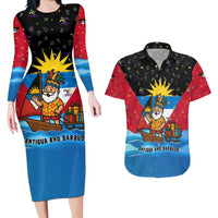 Antigua and Barbuda Christmas Couples Matching Long Sleeve Bodycon Dress and Hawaiian Shirt with Santa Sailboat Island Flag and Tropical Gift Design - Wonder Print Shop