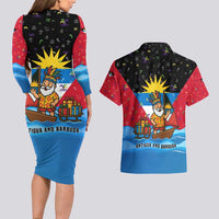 Antigua and Barbuda Christmas Couples Matching Long Sleeve Bodycon Dress and Hawaiian Shirt with Santa Sailboat Island Flag and Tropical Gift Design - Wonder Print Shop