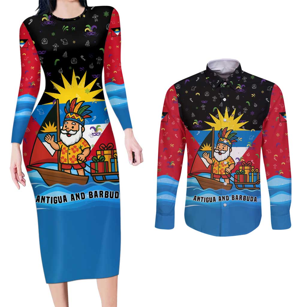 Antigua and Barbuda Christmas Couples Matching Long Sleeve Bodycon Dress and Long Sleeve Button Shirt with Santa Sailboat Island Flag and Tropical Gift Design - Wonder Print Shop