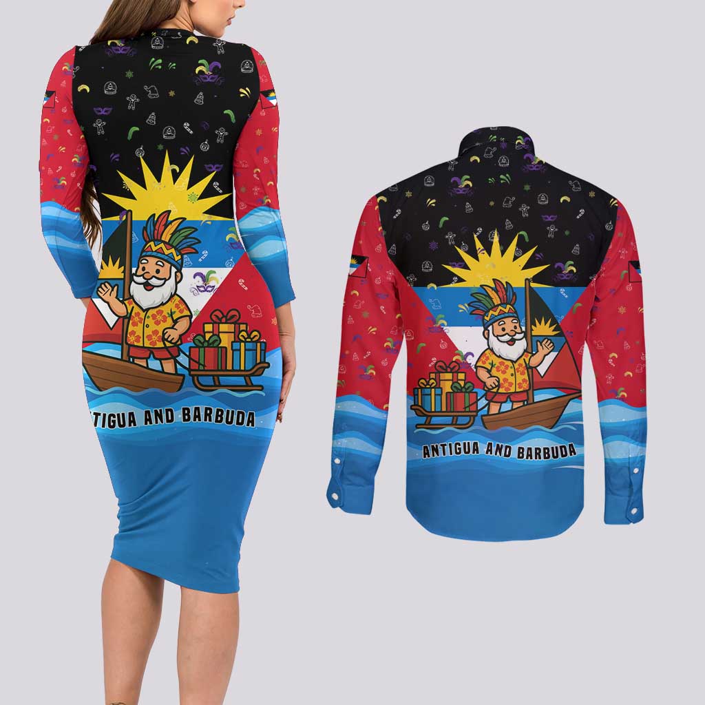 Antigua and Barbuda Christmas Couples Matching Long Sleeve Bodycon Dress and Long Sleeve Button Shirt with Santa Sailboat Island Flag and Tropical Gift Design - Wonder Print Shop