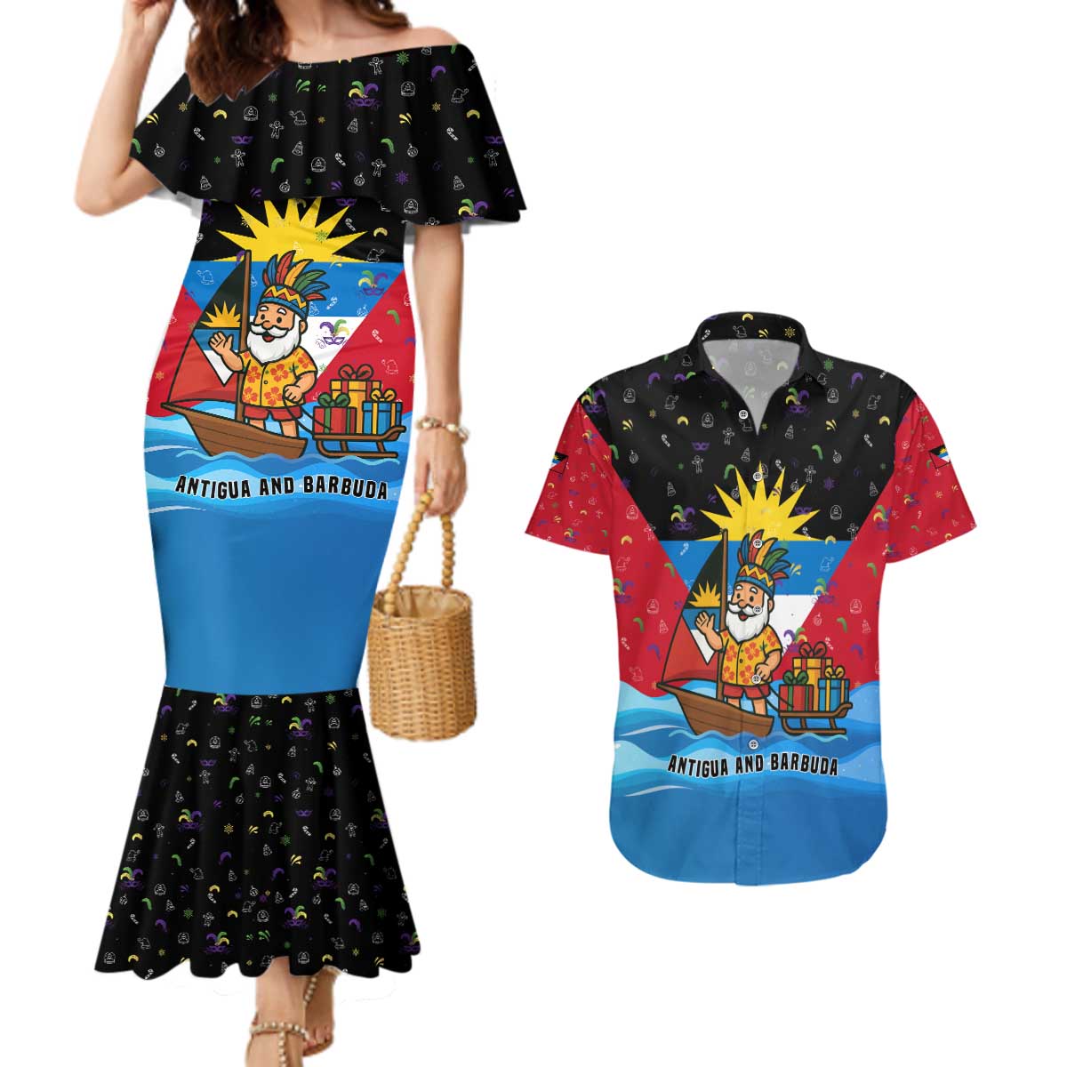 Antigua and Barbuda Christmas Couples Matching Mermaid Dress and Hawaiian Shirt with Santa Sailboat Island Flag and Tropical Gift Design - Wonder Print Shop