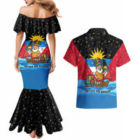 Antigua and Barbuda Christmas Couples Matching Mermaid Dress and Hawaiian Shirt with Santa Sailboat Island Flag and Tropical Gift Design - Wonder Print Shop