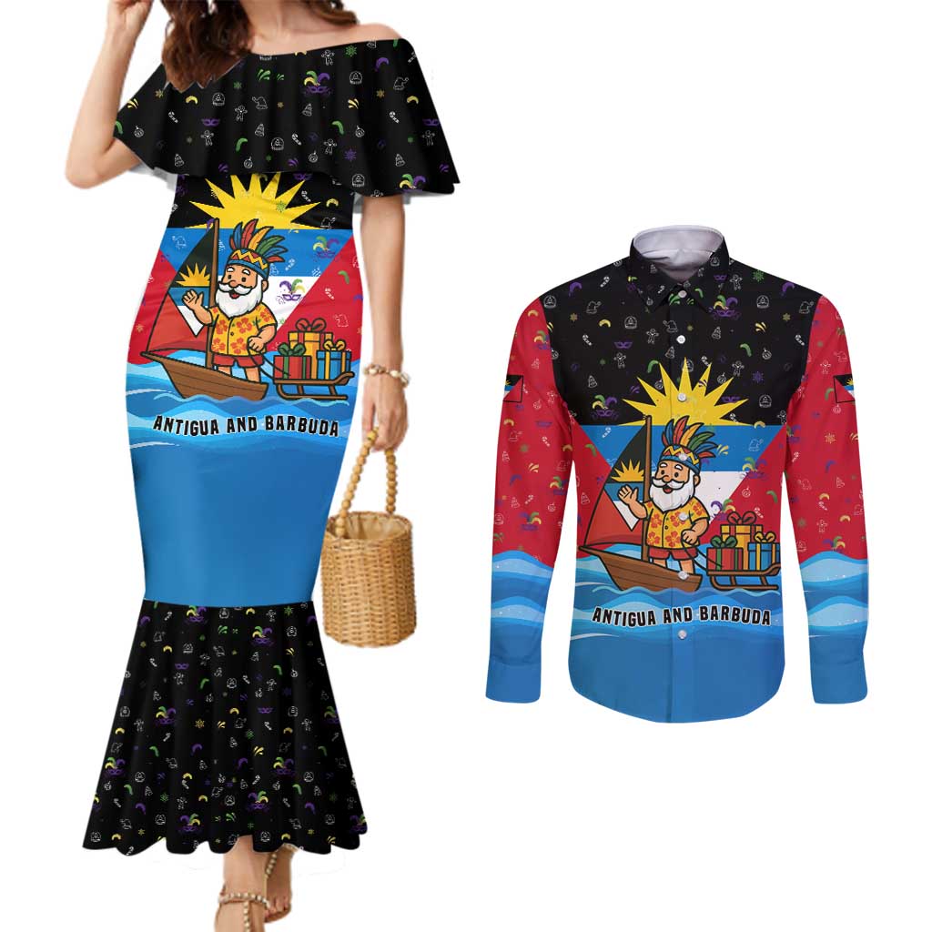 Antigua and Barbuda Christmas Couples Matching Mermaid Dress and Long Sleeve Button Shirt with Santa Sailboat Island Flag and Tropical Gift Design - Wonder Print Shop