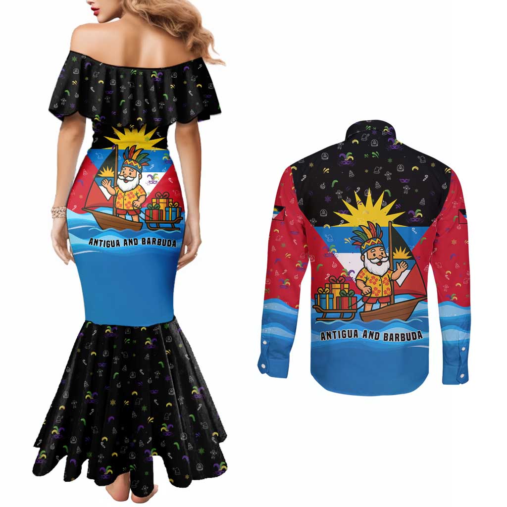 Antigua and Barbuda Christmas Couples Matching Mermaid Dress and Long Sleeve Button Shirt with Santa Sailboat Island Flag and Tropical Gift Design - Wonder Print Shop