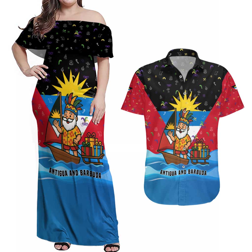 Antigua and Barbuda Christmas Couples Matching Off Shoulder Maxi Dress and Hawaiian Shirt with Santa Sailboat Island Flag and Tropical Gift Design - Wonder Print Shop