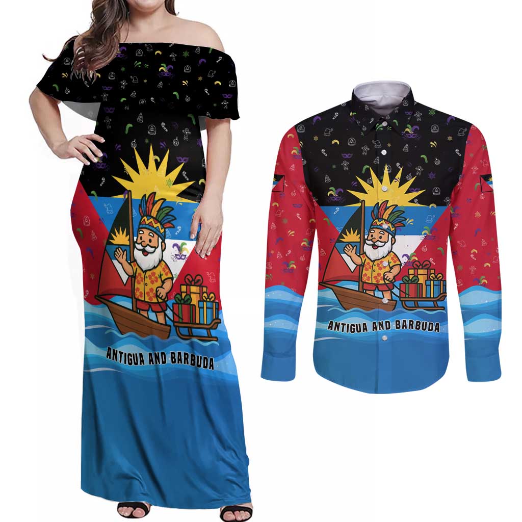 Antigua and Barbuda Christmas Couples Matching Off Shoulder Maxi Dress and Long Sleeve Button Shirt with Santa Sailboat Island Flag and Tropical Gift Design - Wonder Print Shop