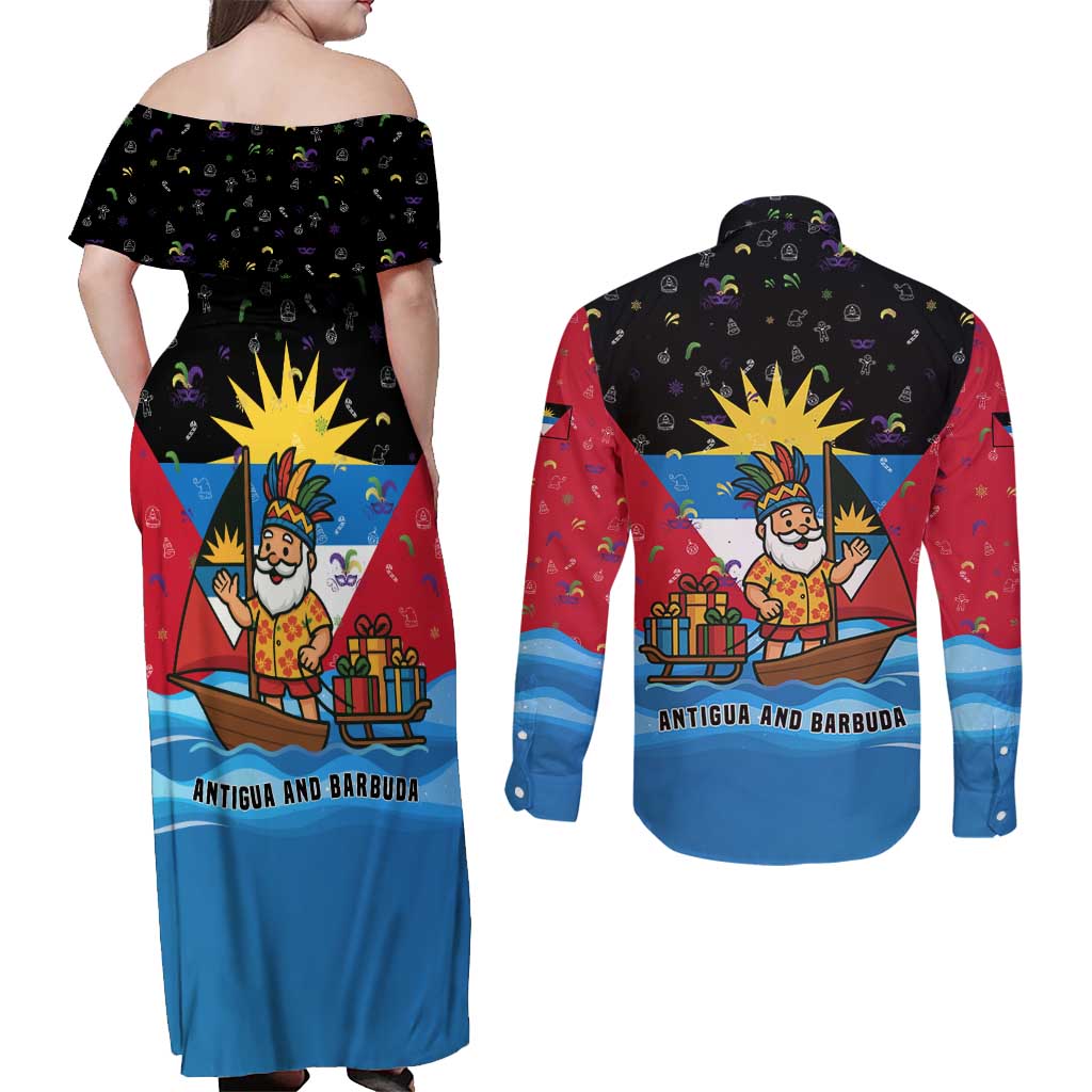 Antigua and Barbuda Christmas Couples Matching Off Shoulder Maxi Dress and Long Sleeve Button Shirt with Santa Sailboat Island Flag and Tropical Gift Design - Wonder Print Shop
