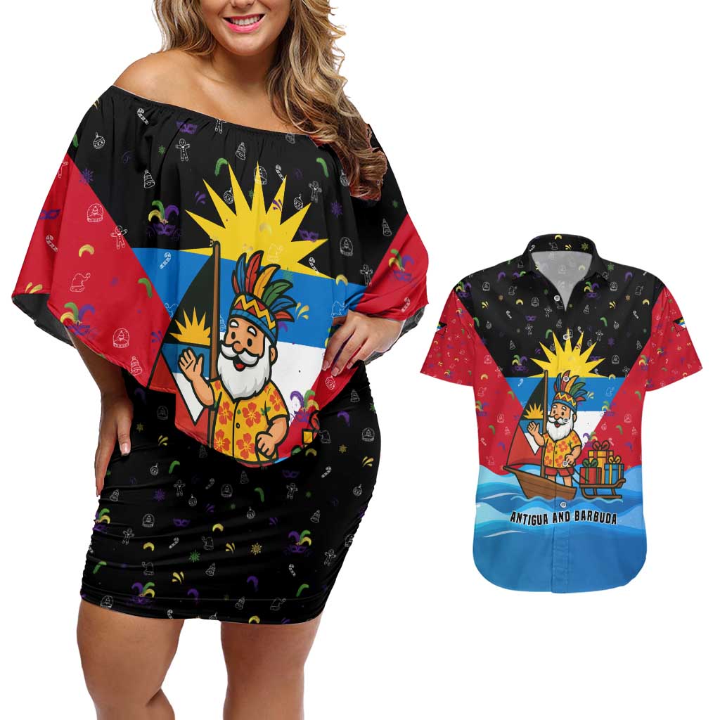 Antigua and Barbuda Christmas Couples Matching Off Shoulder Short Dress and Hawaiian Shirt with Santa Sailboat Island Flag and Tropical Gift Design - Wonder Print Shop