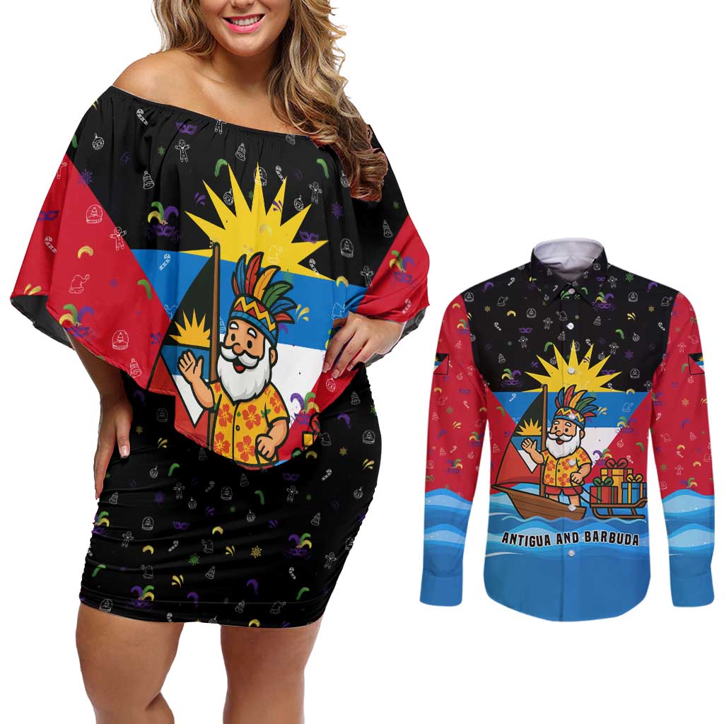 Antigua and Barbuda Christmas Couples Matching Off Shoulder Short Dress and Long Sleeve Button Shirt with Santa Sailboat Island Flag and Tropical Gift Design - Wonder Print Shop