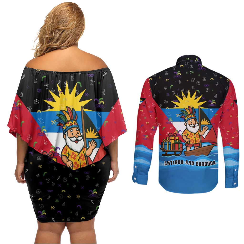Antigua and Barbuda Christmas Couples Matching Off Shoulder Short Dress and Long Sleeve Button Shirt with Santa Sailboat Island Flag and Tropical Gift Design - Wonder Print Shop