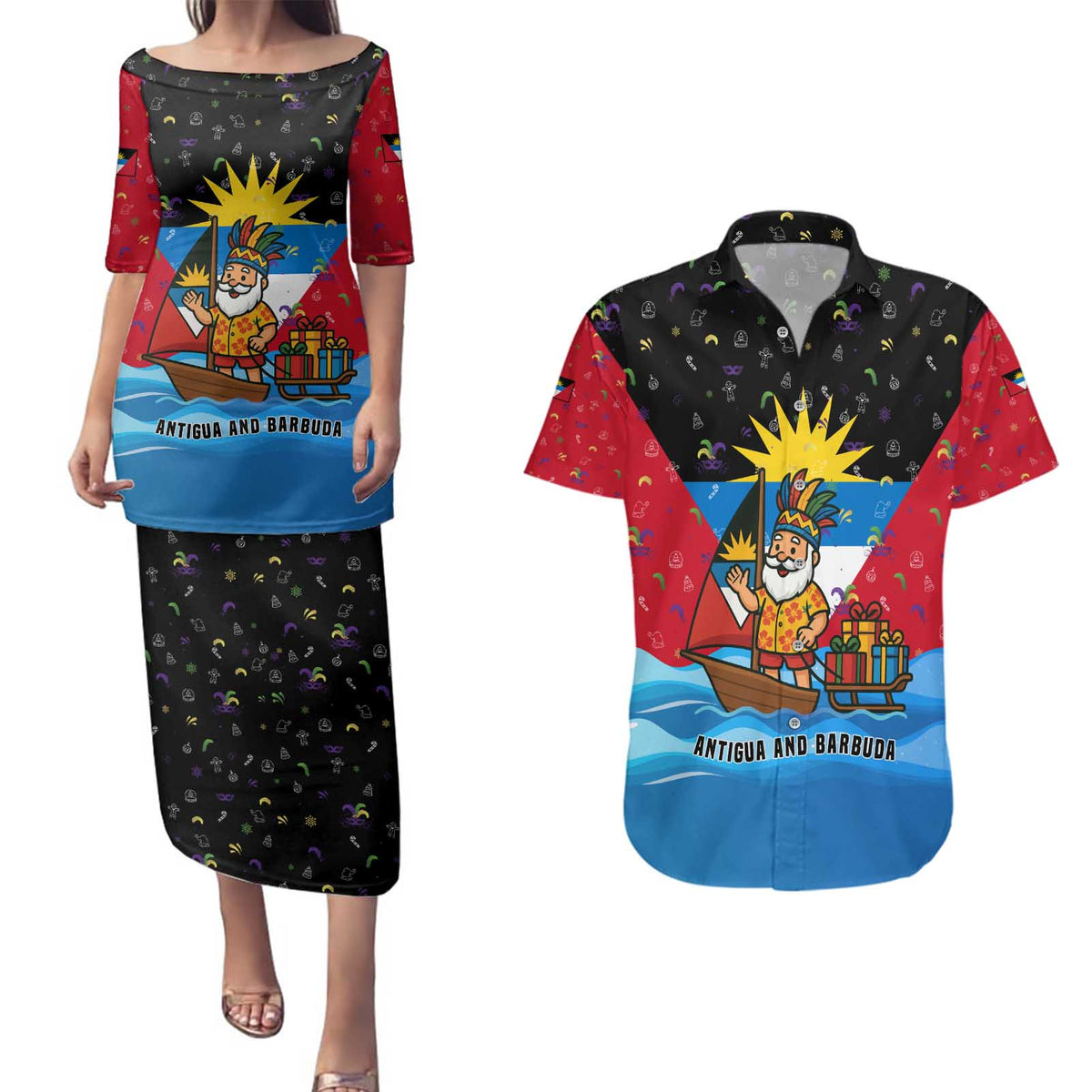Antigua and Barbuda Christmas Couples Matching Puletasi and Hawaiian Shirt with Santa Sailboat Island Flag and Tropical Gift Design - Wonder Print Shop