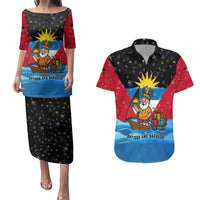 Antigua and Barbuda Christmas Couples Matching Puletasi and Hawaiian Shirt with Santa Sailboat Island Flag and Tropical Gift Design - Wonder Print Shop