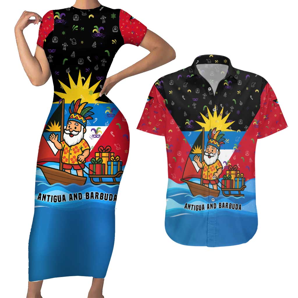 Antigua and Barbuda Christmas Couples Matching Short Sleeve Bodycon Dress and Hawaiian Shirt with Santa Sailboat Island Flag and Tropical Gift Design - Wonder Print Shop