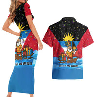 Antigua and Barbuda Christmas Couples Matching Short Sleeve Bodycon Dress and Hawaiian Shirt with Santa Sailboat Island Flag and Tropical Gift Design - Wonder Print Shop