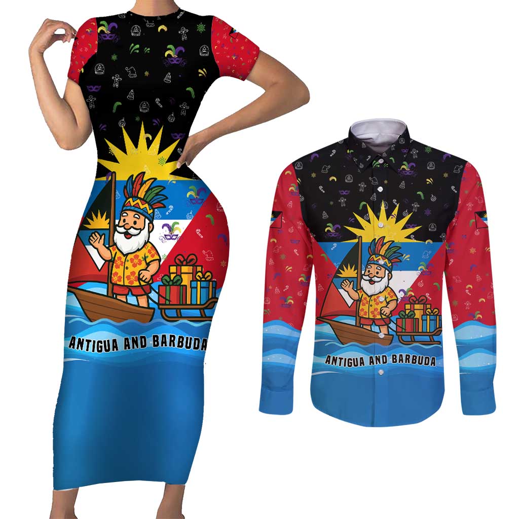 Antigua and Barbuda Christmas Couples Matching Short Sleeve Bodycon Dress and Long Sleeve Button Shirt with Santa Sailboat Island Flag and Tropical Gift Design - Wonder Print Shop