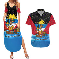 Antigua and Barbuda Christmas Couples Matching Summer Maxi Dress and Hawaiian Shirt with Santa Sailboat Island Flag and Tropical Gift Design - Wonder Print Shop