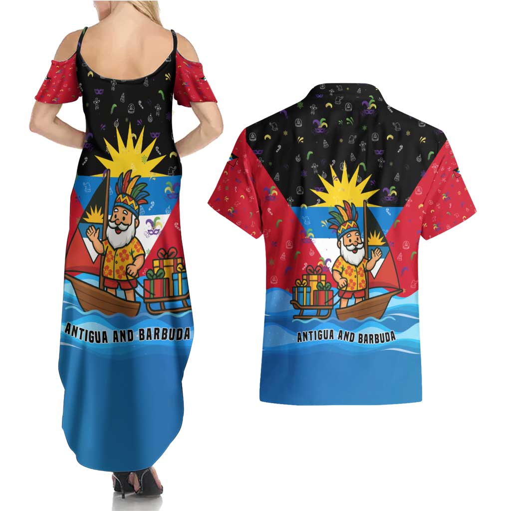 Antigua and Barbuda Christmas Couples Matching Summer Maxi Dress and Hawaiian Shirt with Santa Sailboat Island Flag and Tropical Gift Design - Wonder Print Shop