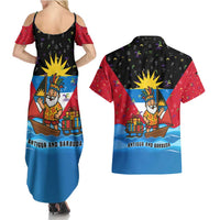 Antigua and Barbuda Christmas Couples Matching Summer Maxi Dress and Hawaiian Shirt with Santa Sailboat Island Flag and Tropical Gift Design - Wonder Print Shop
