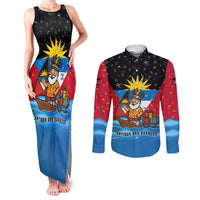 Antigua and Barbuda Christmas Couples Matching Tank Maxi Dress and Long Sleeve Button Shirt with Santa Sailboat Island Flag and Tropical Gift Design - Wonder Print Shop