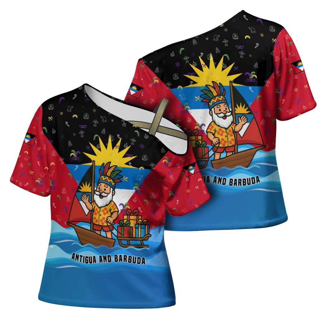 Antigua and Barbuda Christmas Cross Shoulder Shirt with Santa Sailboat Island Flag and Tropical Gift Design - Wonder Print Shop