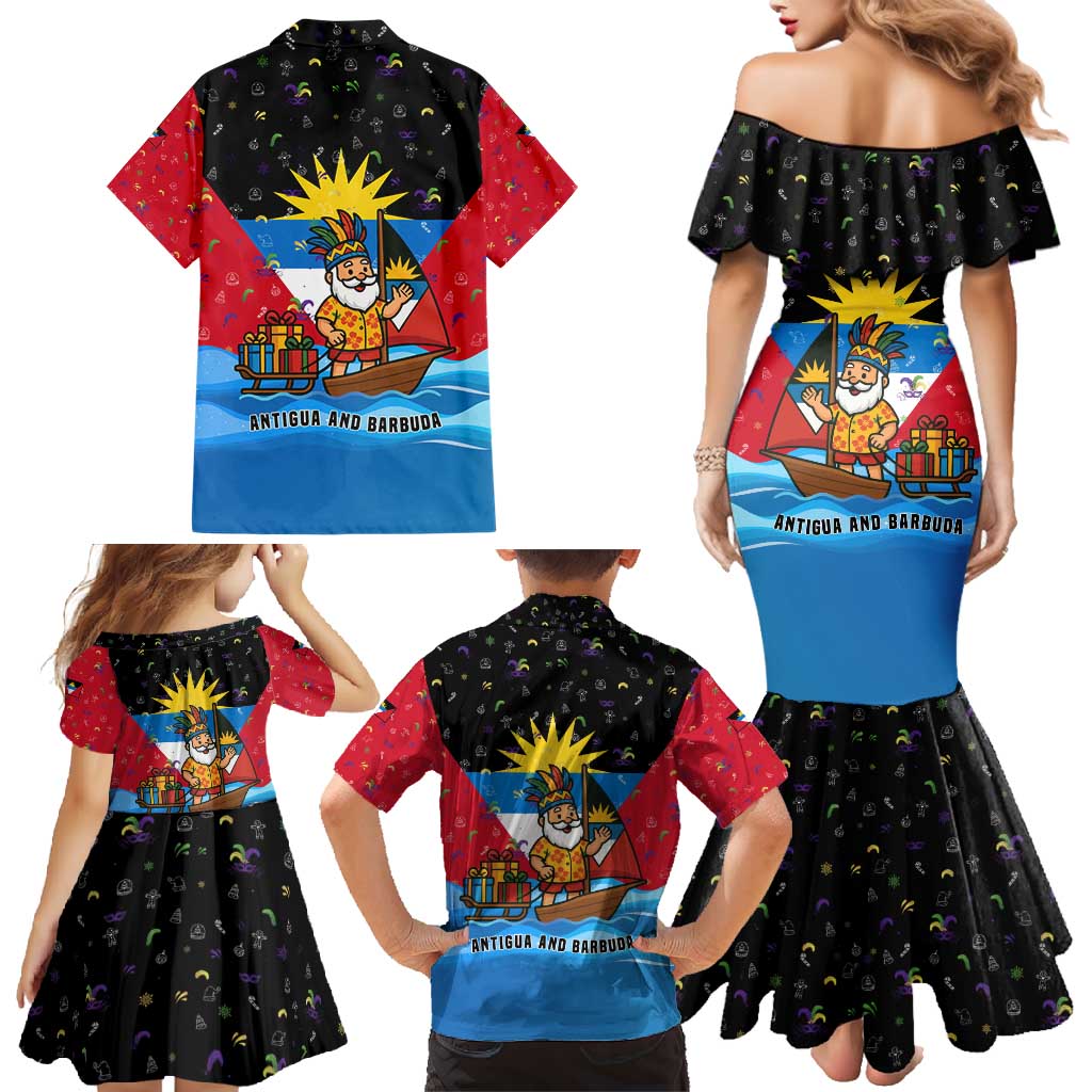Antigua and Barbuda Christmas Family Matching Mermaid Dress and Hawaiian Shirt with Santa Sailboat Island Flag and Tropical Gift Design - Wonder Print Shop