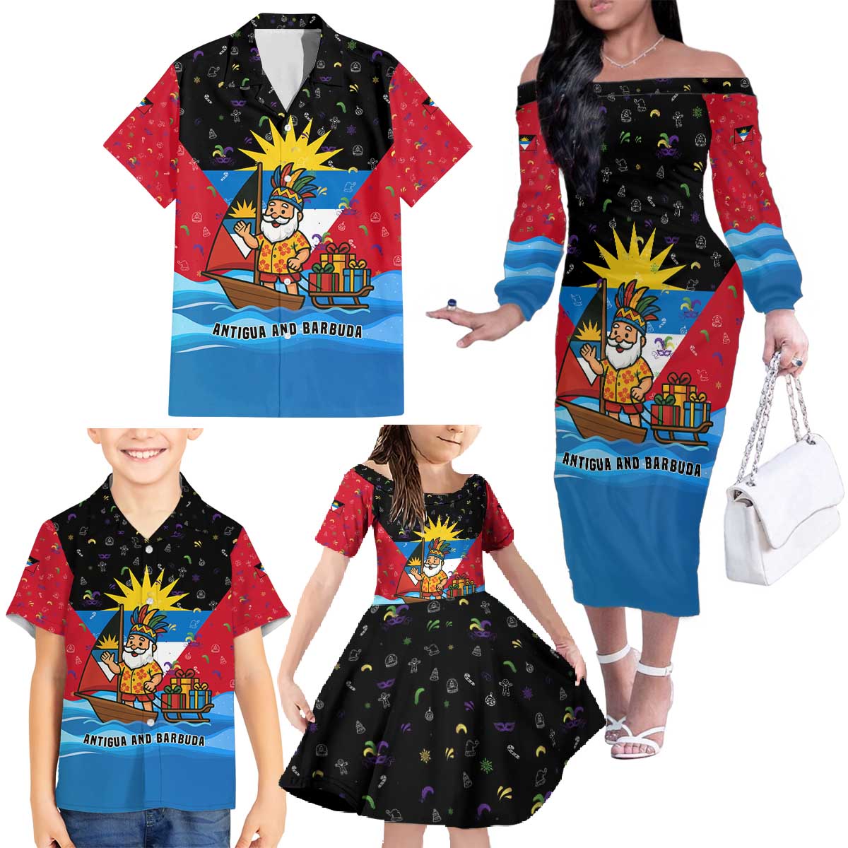 Antigua and Barbuda Christmas Family Matching Off The Shoulder Long Sleeve Dress and Hawaiian Shirt with Santa Sailboat Island Flag and Tropical Gift Design - Wonder Print Shop