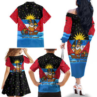 Antigua and Barbuda Christmas Family Matching Off The Shoulder Long Sleeve Dress and Hawaiian Shirt with Santa Sailboat Island Flag and Tropical Gift Design - Wonder Print Shop