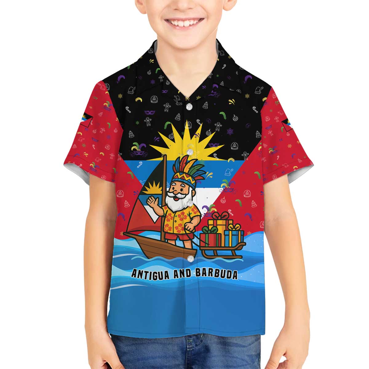 Antigua and Barbuda Christmas Family Matching Off The Shoulder Long Sleeve Dress and Hawaiian Shirt with Santa Sailboat Island Flag and Tropical Gift Design - Wonder Print Shop